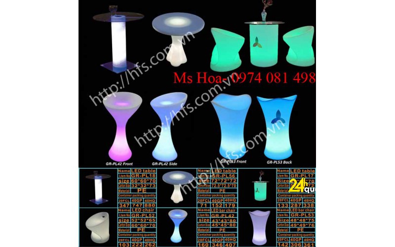 Bàn ghế nhựa cafe phát sáng, bàn ghế đèn led