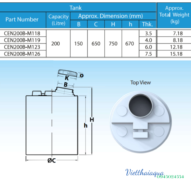 Bồn chứa nước, hóa chất, PE tank 100 lít loại CEN-B TEMA PAKCO Chính hãng hàng sẵn giao