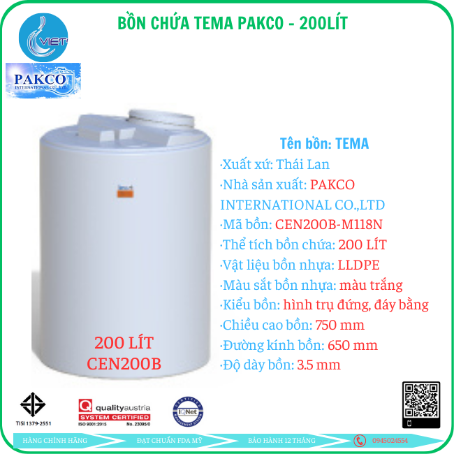 Bồn chứa nước, hóa chất, PE tank 100 lít loại CEN-B TEMA PAKCO Chính hãng hàng sẵn giao