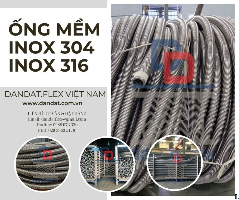 Ống nối mềm inox 304, ống inox chịu nhiệt đàn hồi, ruột gà inox