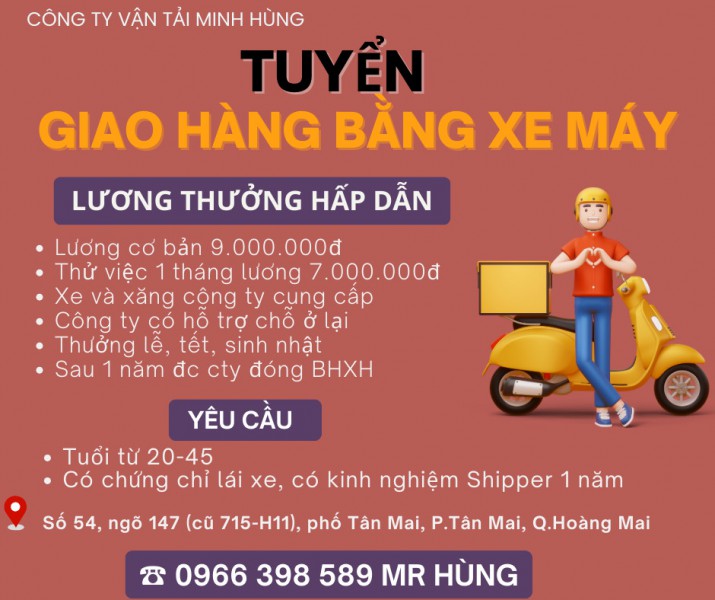 CÔNG TY VẬN TẢI MINH HÙNG TUYỂN 1 GIAO HÀNG BẰNG XE MÁY