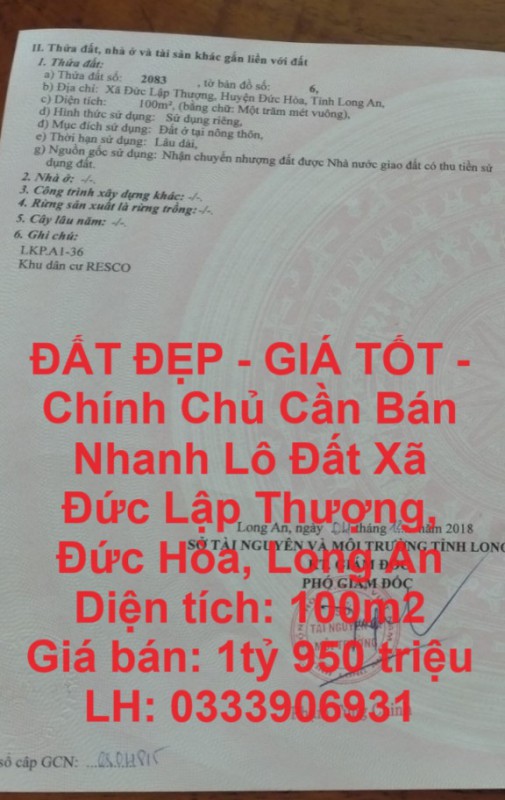 ĐẤT ĐẸP - GIÁ TỐT - Chính Chủ Cần Bán Nhanh Lô Đất Xã Đức Lập Thượng, Đức Hòa, Long An