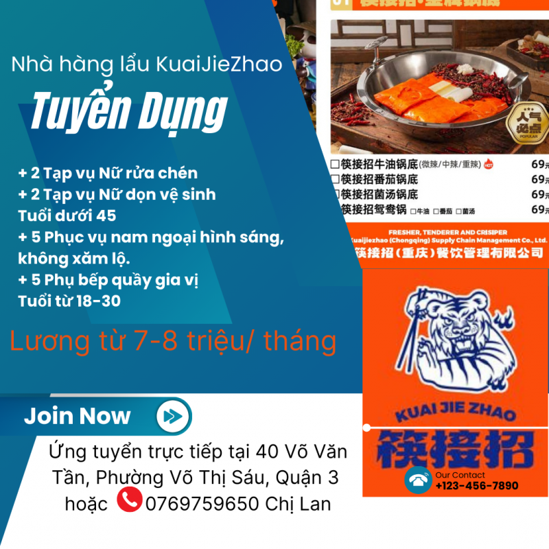 Nhà hàng lẩu KuaiJieZhao Cần tuyển nhân sự các vị trí: