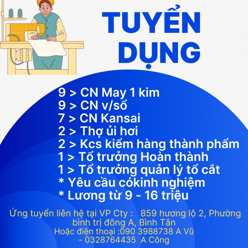 CTY TNHH MAY THỜI TRANG THUN  Cần tuyển Các Bộ phận  sau: