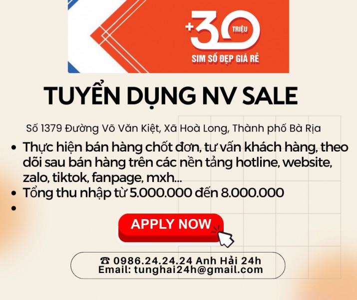 CÔNG TY TNHH VIỄN THÔNG 24H TUYỂN DỤNG 3 NV SALE