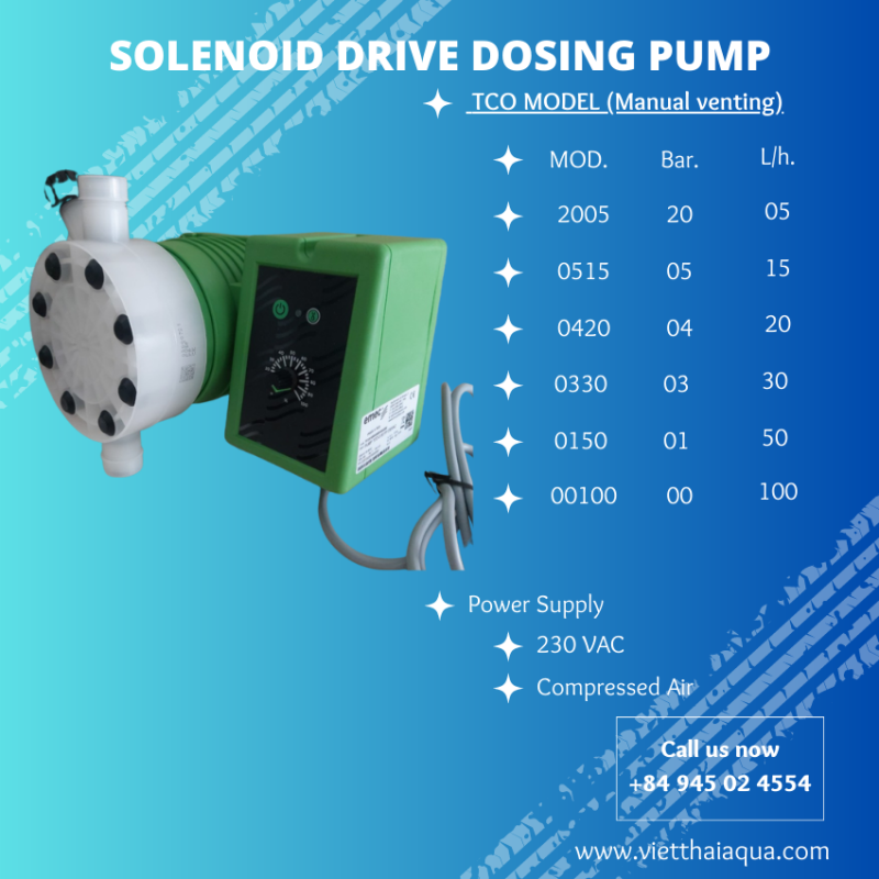 Bơm định lượng EMEC TCO 0150 K/FP đầu bơm PVDF lưu lượng 50 L/h áp 1 bar