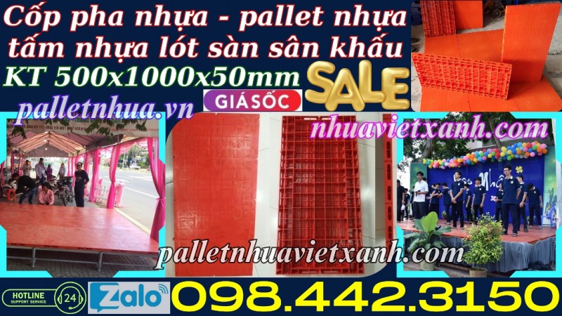 Pallet nhựa lót sàn sân khấu 1000x500x50mm mặt liền màu cam