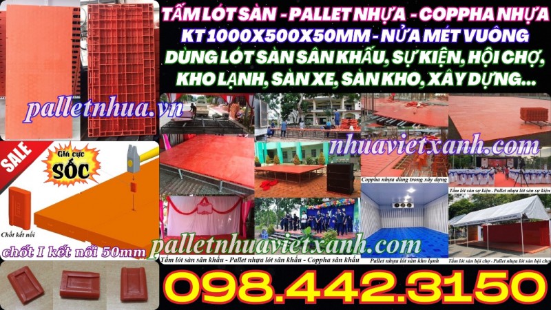 Pallet nhựa lót sàn sân khấu 1000x500x50mm mặt liền màu cam