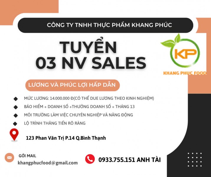 TUYỂN 3 NV BÁN HÀNG (SALES)