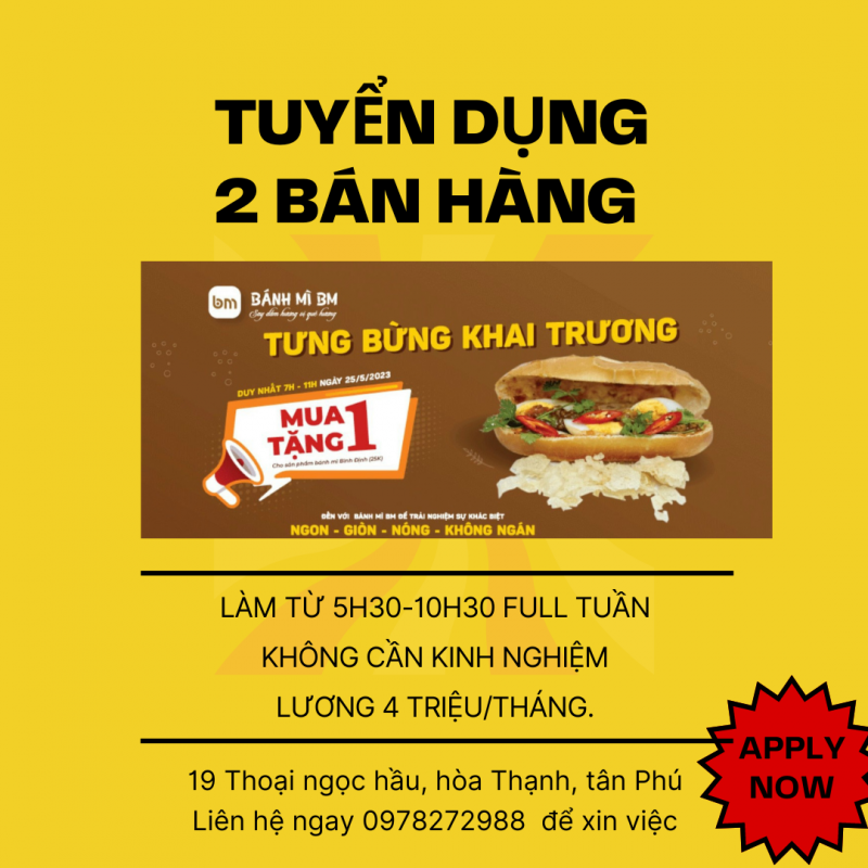 BÁNH MÌ BM cần tuyển 2 Bán Hàng 