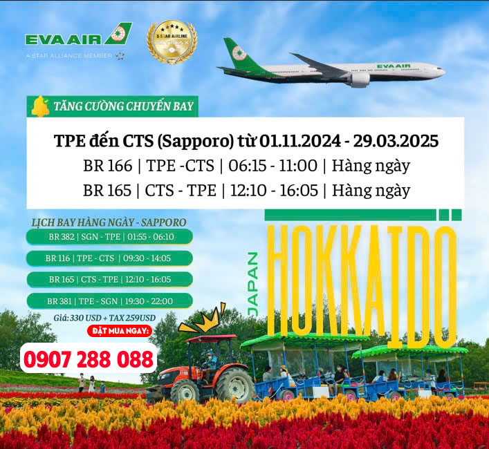 Eva Air vừa thông báo tăng cường thêm chuyến bay đến Sapporo, Nhật Bản