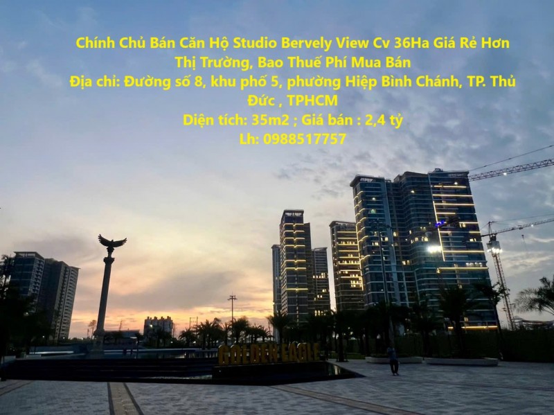 Chính Chủ Bán Căn Hộ Studio Bervely View Cv 36Ha Giá Rẻ Hơn Thị Trường, Bao Thuế Phí Mua Bán