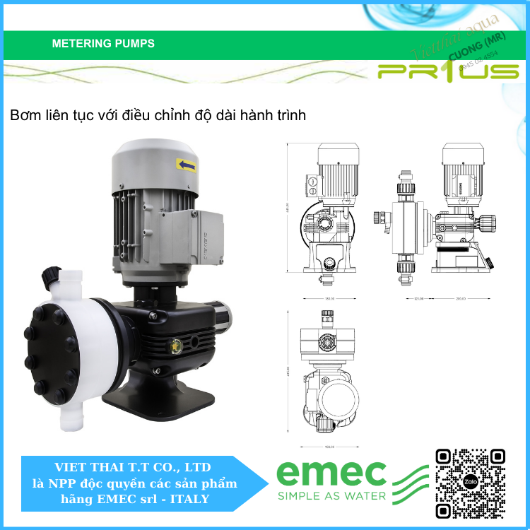 Bơm định lượng EMEC PRIUS D 007160 K/PP lưu lượng lên đến 160 L/h áp hoạt động lên đến 7 bar