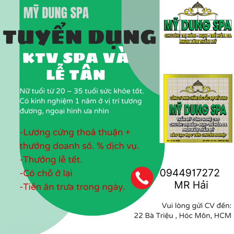 MỸ DUNG SPA Cần tuyển 3 KTV và 1 Lễ Tân 