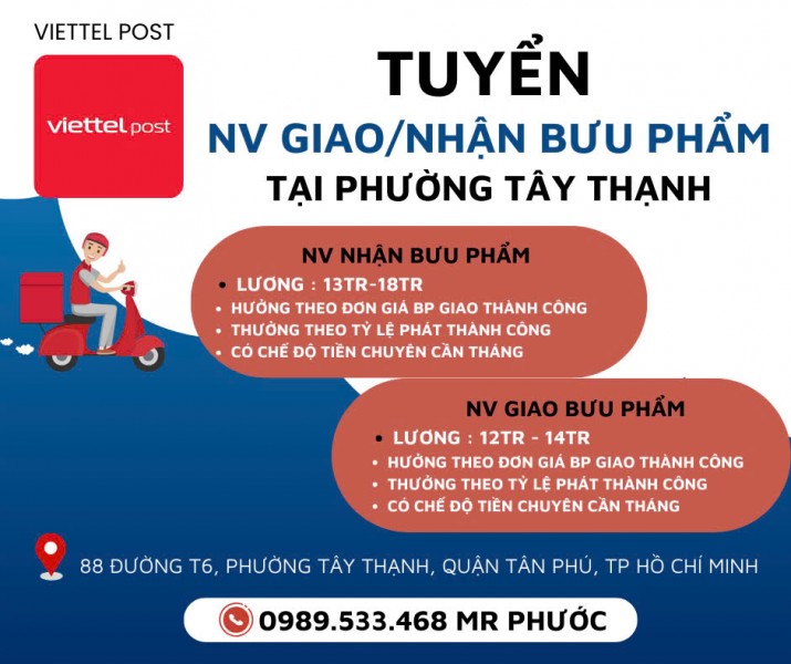 VIETTELPOST CẦN TUYỂN NHÂN VIÊN GIAO/NHẬN BƯU PHẨM