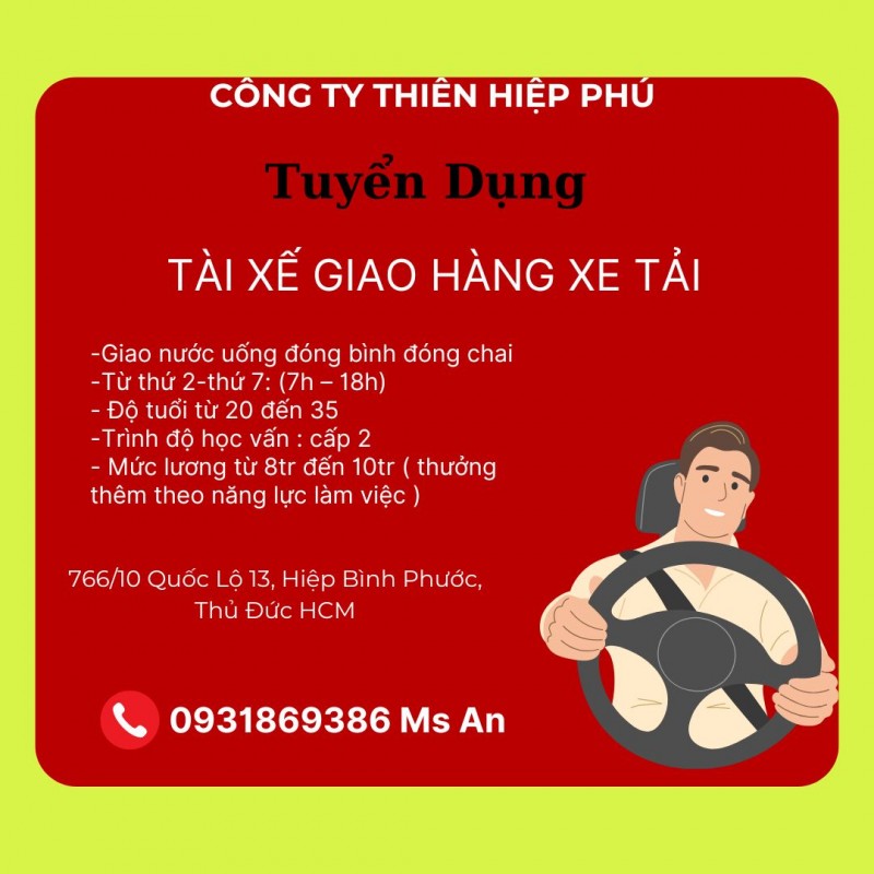 TUYỂN  TÀI XẾ GIAO HÀNG XE TẢI NƯỚC ĐÓNG CHAI