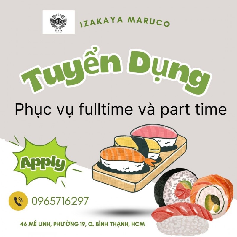 Nhà Hàng Nhật cần tuyển Phục vụ Part time và Fulltime