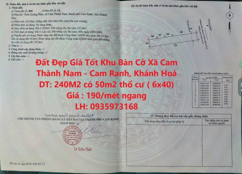 Đất Đẹp Giá Tốt Khu Bàn Cờ Xã Cam Thành Nam - Cam Ranh, Khánh Hoà