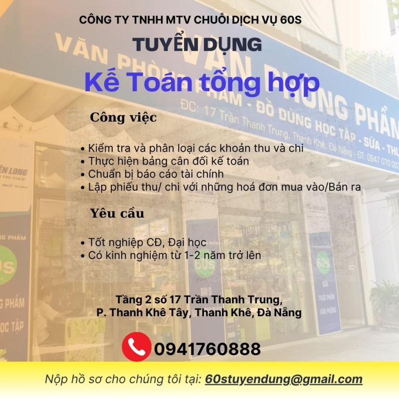 Tuyển Nhân viên Kế Toán tổng hợp