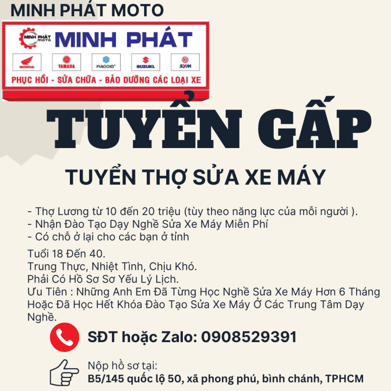 MINH PHÁT MOTO CẦN TUYỂN THỢ SỬA XE MÁY