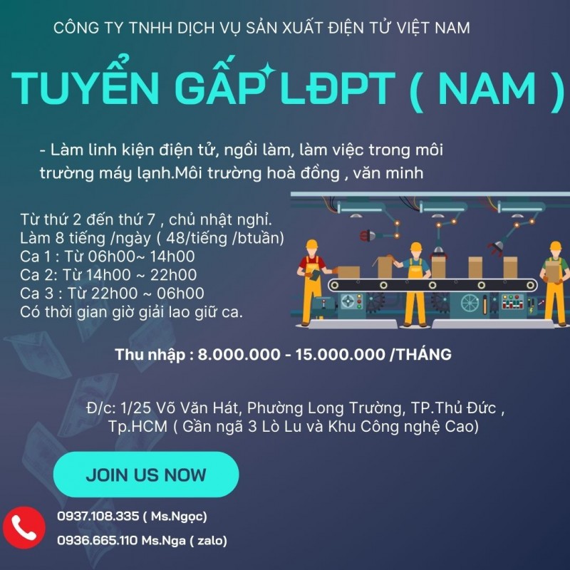 TUYỂN GẤP  10 LĐPT ( NAM ) Từ : 18 đến 35 tuổi