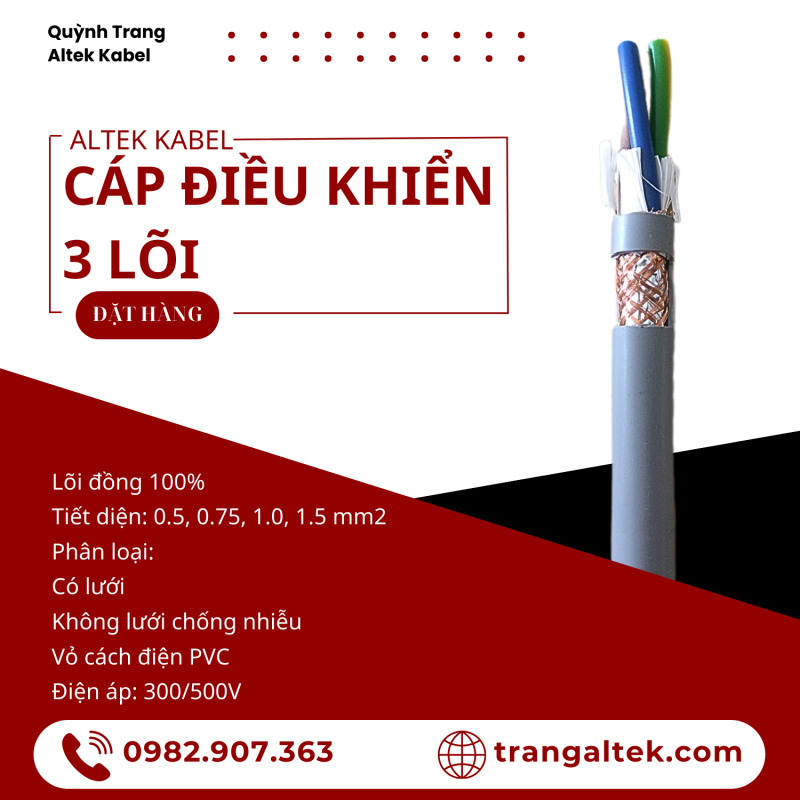 Cáp điều khiển 3 lõi, cáp truyền tín hiệu 3 lõi Altek Kabel  Thông số kỹ thuật: Số lõi: 3 lõi Tiết d