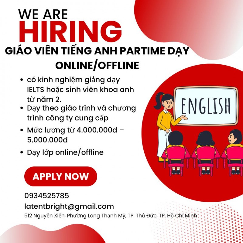 TUYỂN DỤNG 5 GIÁO VIÊN TIẾNG ANH PARTIME DẠY ONLINE/OFFLINE