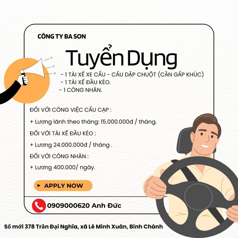 CÔNG TY BA SƠN CẦN TUYỂN:    