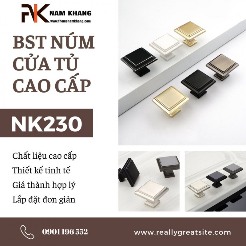 BST núm cửa tủ cao cấp dạng vuông trơn NK230 | Zalo 0901 196 552