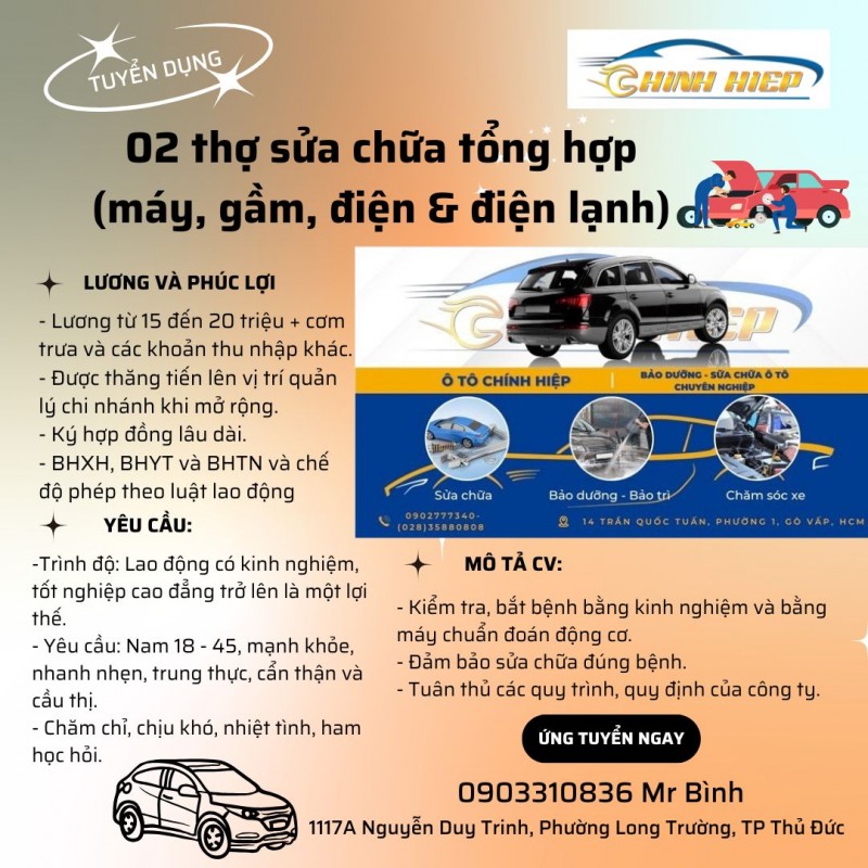 ÔTÔ CHÍNH HIỆP – CN THỦ ĐỨC TUYỂN THỢ SỬA CHỮA XE Ô TÔ