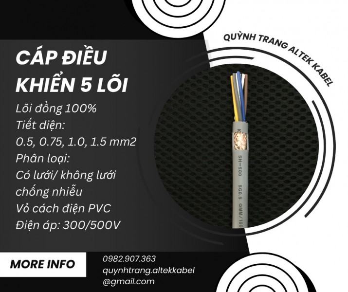 Cáp điều khiển 5 lõi, cáp truyền tín hiệu 5 lõi Altek Kabel Thông số kỹ thuật: Số lõi: 5 lõi Tiết di