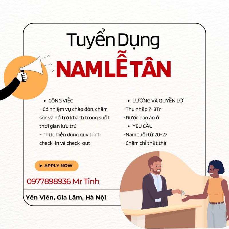 Tuyển (nam) nv trực quầy lễ tân nhà nghỉ