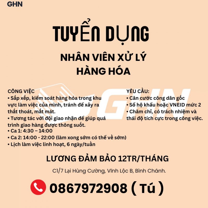 [HCM] - TUYỂN DỤNG NHÂN VIÊN XỬ LÝ HÀNG HÓA