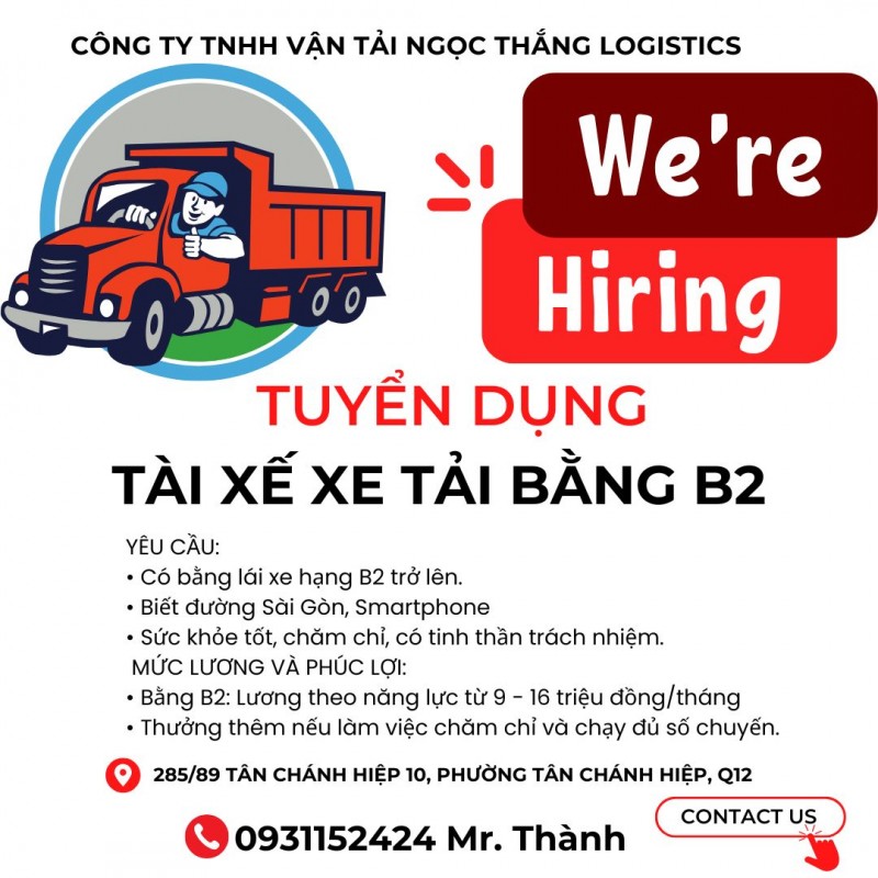 Cần Tuyển Tài xế xe tải Bằng B2