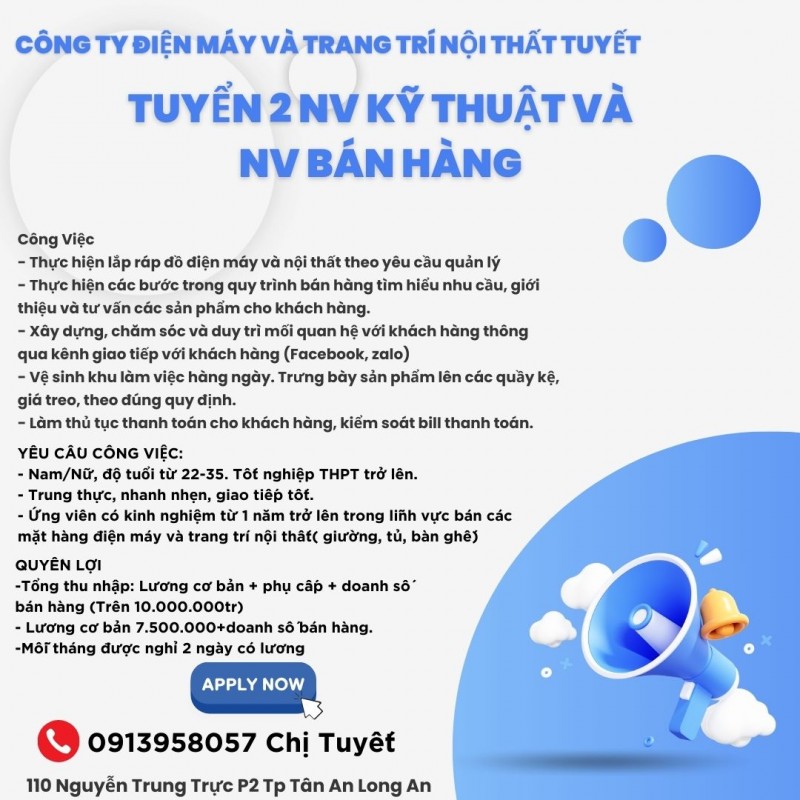 CÔNG TY ĐIỆN MÁY VÀ TRANG TRÍ NỘI THẤT TUYẾT TUYỂN 2 NV KỸ THUẬT VÀ NV BÁN HÀNG