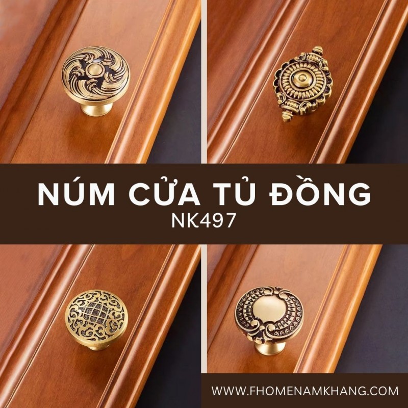 Núm cửa tủ đồng thiết kế hoa văn cổ điển NK497 | Zalo 0901 196 552