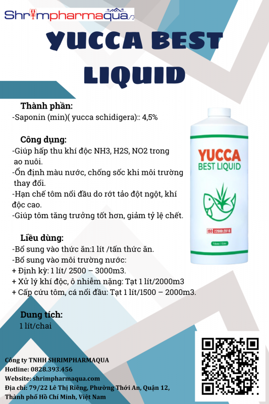 Yucca Best Liquid – Yucca hấp thu khí độc, sạch nước ao nuôi và cấp cứu tôm cá nổi đầu