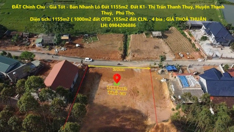 ĐẤT Chính Chủ - Giá Tốt - Bán Nhanh Lô Đất 1155m2  Đất K1- Thị Trấn Thanh Thuỷ, Huyện Thanh Thuỷ, 