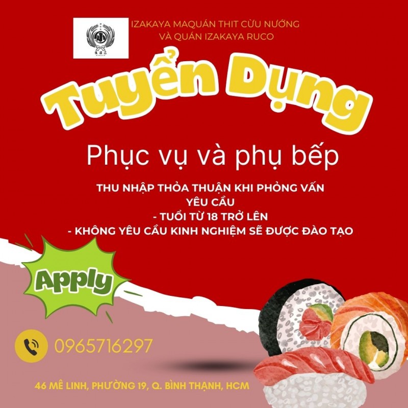 Quán thit cừu nướng và Quán izakaya cần tuyển  Phục vụ và Phụ bếp 