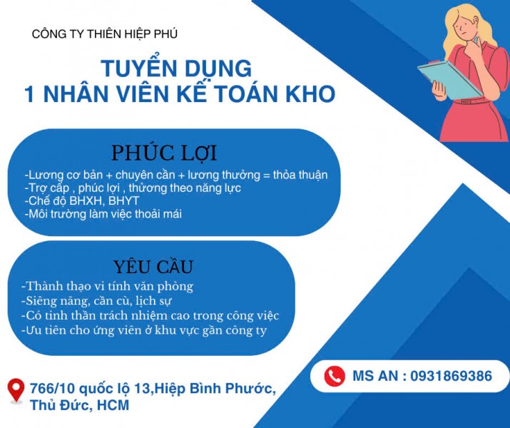 TUYỂN DỤNG NHÂN VIÊN 1 NHÂN VIÊN KẾ TOÁN KHO