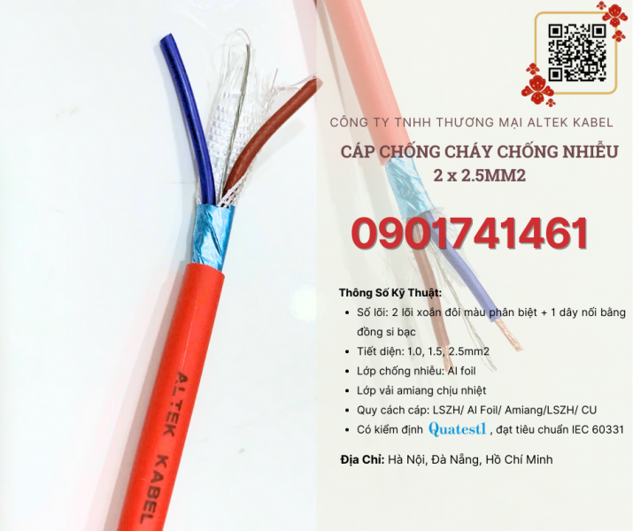 Cáp chống cháy chống nhiễu 2x2.5 IEC 60331 Đà Nẵng, Hà Nội, HCM