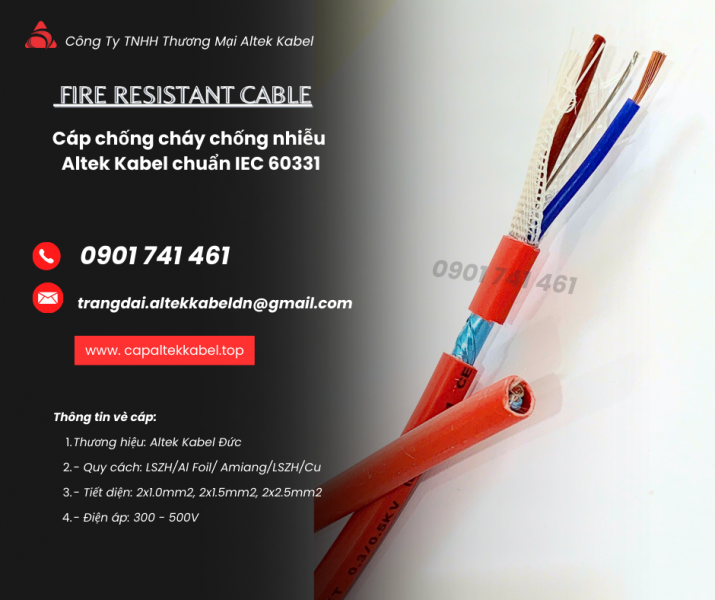 Cáp Chống Cháy Chống Nhiễu 2x1.5mm² Altek Kabel Chuẩn IEC 60331: Quy Cách và Ứng Dụng