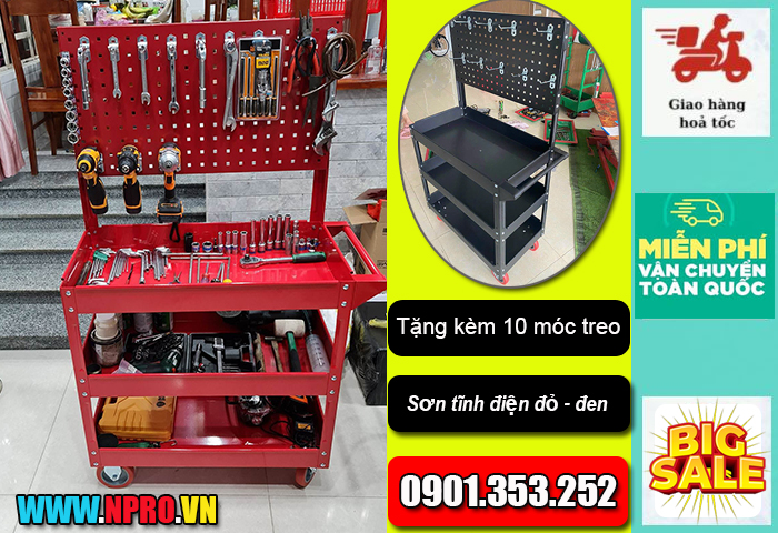 Xe đẩy tủ đồ nghề kèm bảng treo dụng cụ