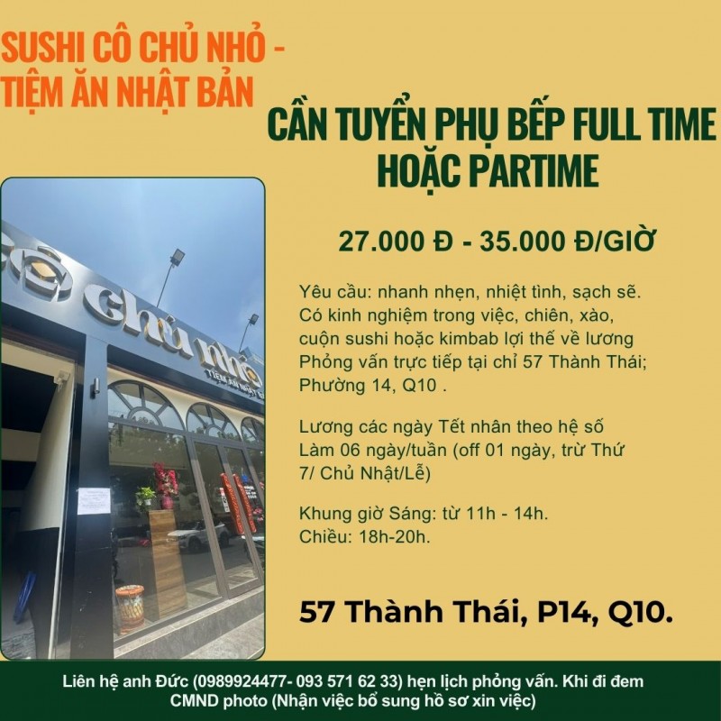 CẦN TUYỂN PHỤ BẾP FULL TIME HOẶC PARTIME 