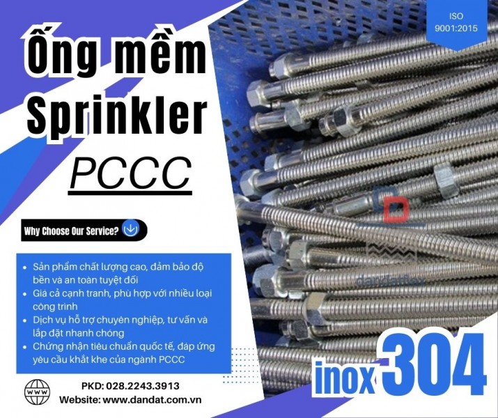 Ống mềm inox chữa cháy, ống nối đầu phun, khớp nối mềm PCCC - đầu phun sprinkler