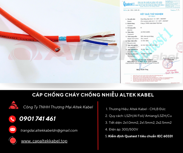 Cáp Chống Cháy Chống Nhiễu 2x1.0mm² Altek Kabel Chuẩn IEC 60331