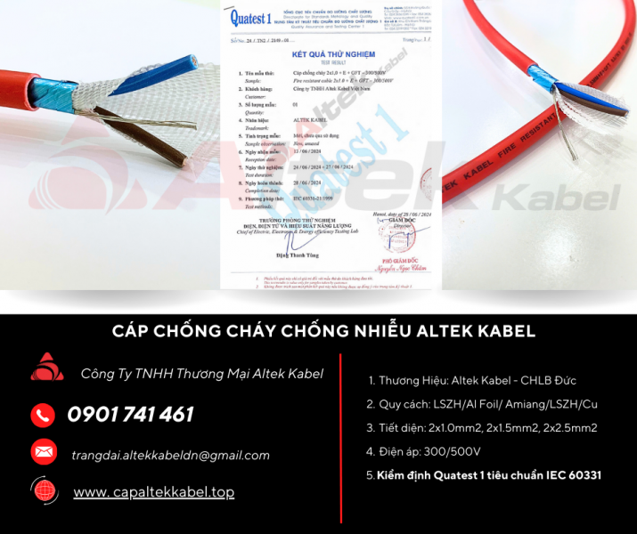 Cáp Chống Cháy Chống Nhiễu 2x1.0mm² Altek Kabel Chuẩn IEC 60331