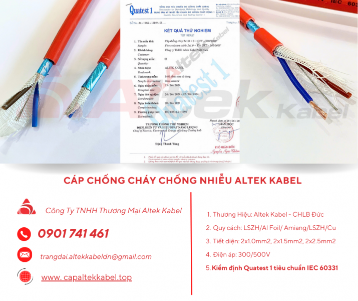 Cáp Chống Cháy Chống Nhiễu 2x1.0mm² Altek Kabel Chuẩn IEC 60331