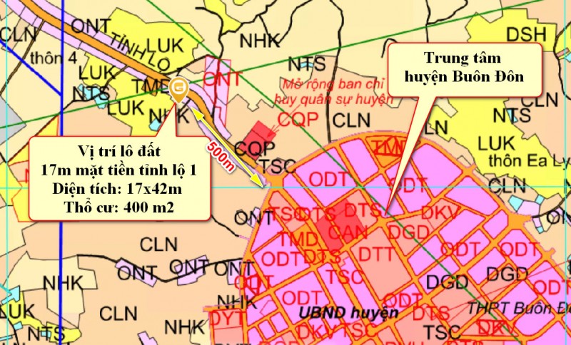 Đất 400 m2 thổ cư, 17m Mặt tiền Tỉnh lộ 1 - Huyện Buôn Đôn - Đăk Lăk, giá chỉ 170 tr/m