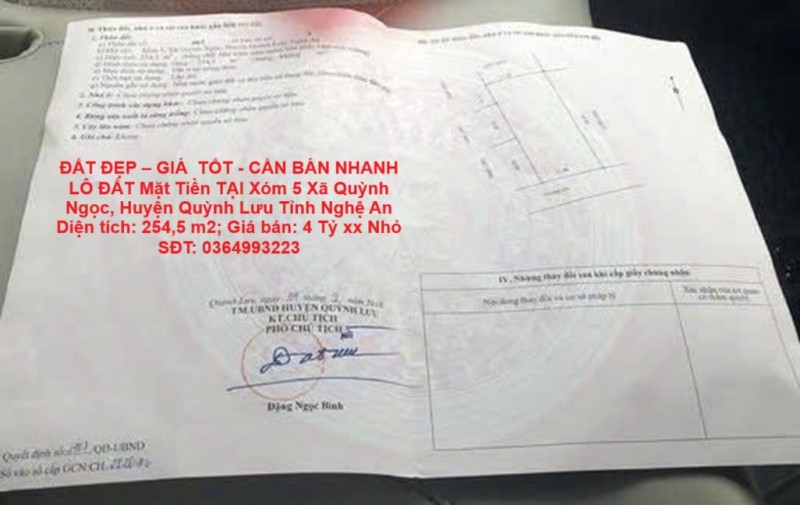 ĐẤT ĐẸP – GIÁ  TỐT - CẦN BÁN NHANH LÔ ĐẤT Mặt Tiền TẠI Xóm 5 Xã Quỳnh Ngọc, Huyện Quỳnh Lưu Tỉnh